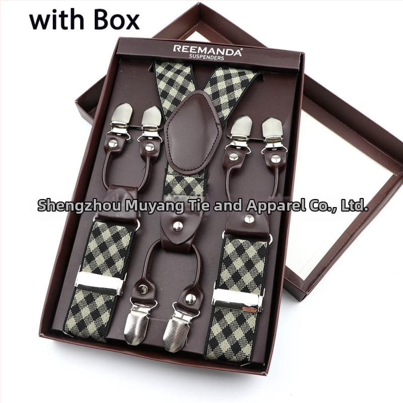 Unisex püksisangalid risttaga seljaga, kuus klipsi, elastsed ja reguleeritava pikkusega, polüesterniidist kummiga lint