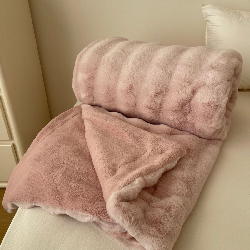 Pătură – velur dublu față cu blană artificială de iepure și velur lapte, groasă, lux premium ușor, pentru toate sezoanele, greutate 300-499 g