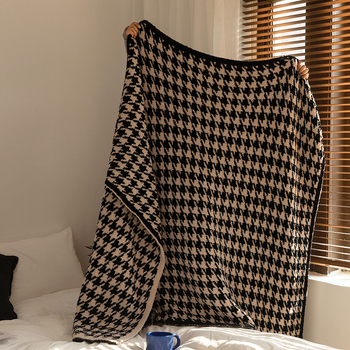 Dvostruka flis deka s uzorkom houndstooth, poluflis deka, šal, prekrivač za dnevnu sobu, u INS stilu
