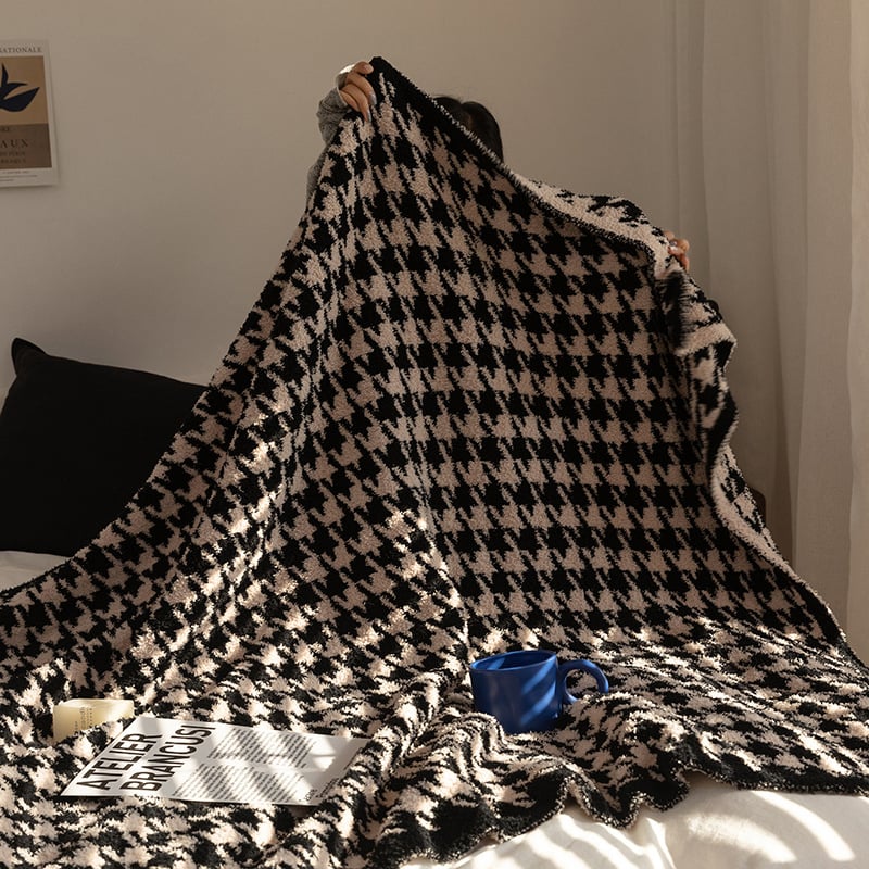 Dvostruka flis deka s uzorkom houndstooth, poluflis deka, šal, prekrivač za dnevnu sobu, u INS stilu