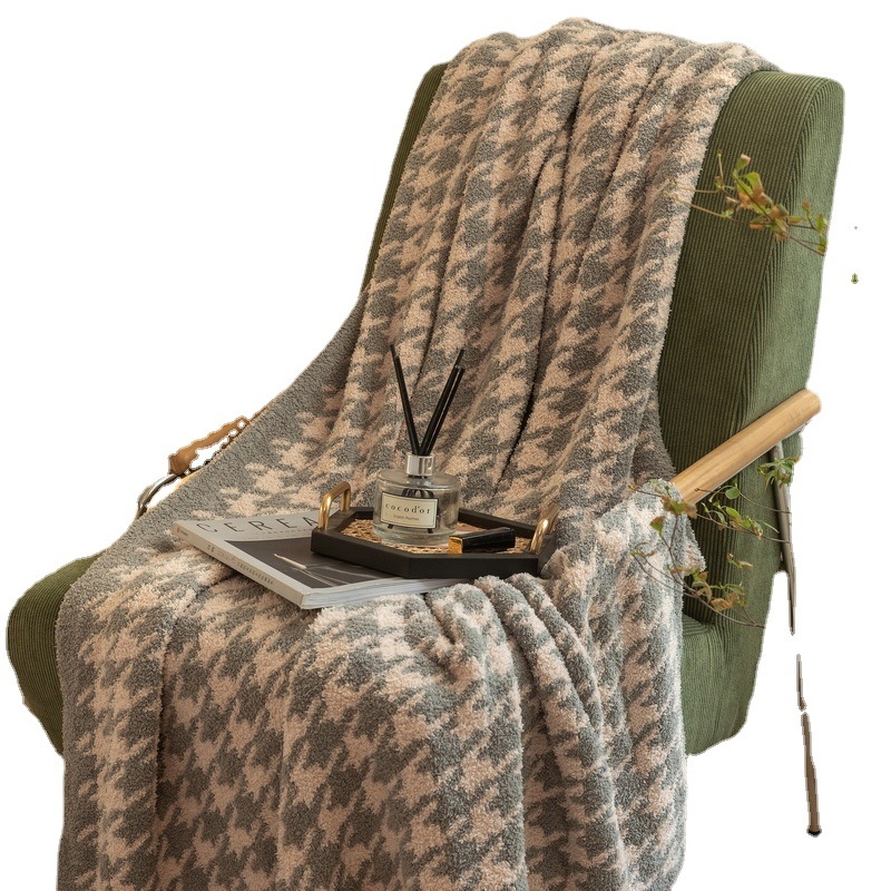 Dvostruka flis deka s uzorkom houndstooth, poluflis deka, šal, prekrivač za dnevnu sobu, u INS stilu