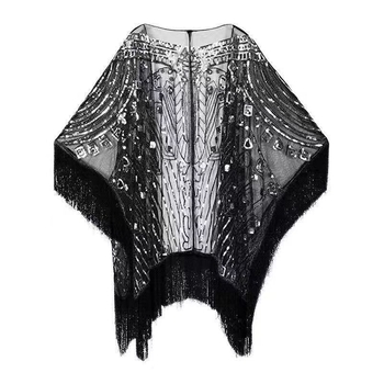 Пелерина с пайети и ресни, мрежеста полиестерна материя, дължина 50–65 см
