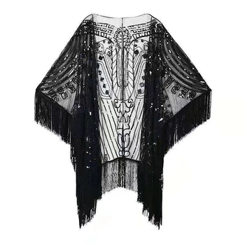 Пелерина с пайети и ресни, мрежеста полиестерна материя, дължина 50–65 см