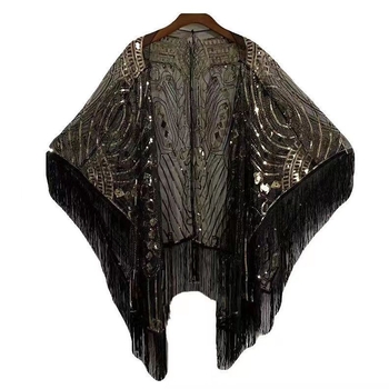 Пелерина с пайети и ресни, мрежеста полиестерна материя, дължина 50–65 см