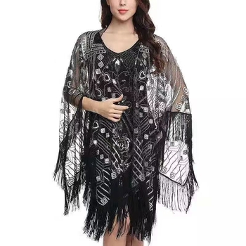 Пелерина с пайети и ресни, мрежеста полиестерна материя, дължина 50–65 см