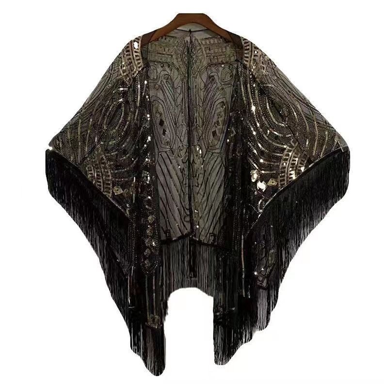 Пелерина с пайети и ресни, мрежеста полиестерна материя, дължина 50–65 см