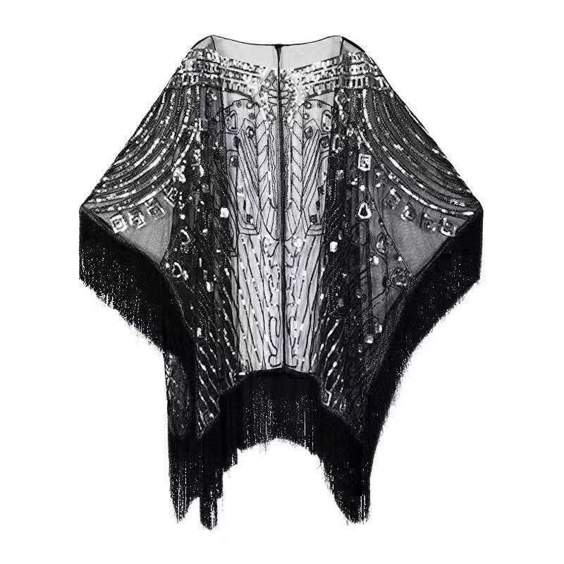 Пелерина с пайети и ресни, мрежеста полиестерна материя, дължина 50–65 см