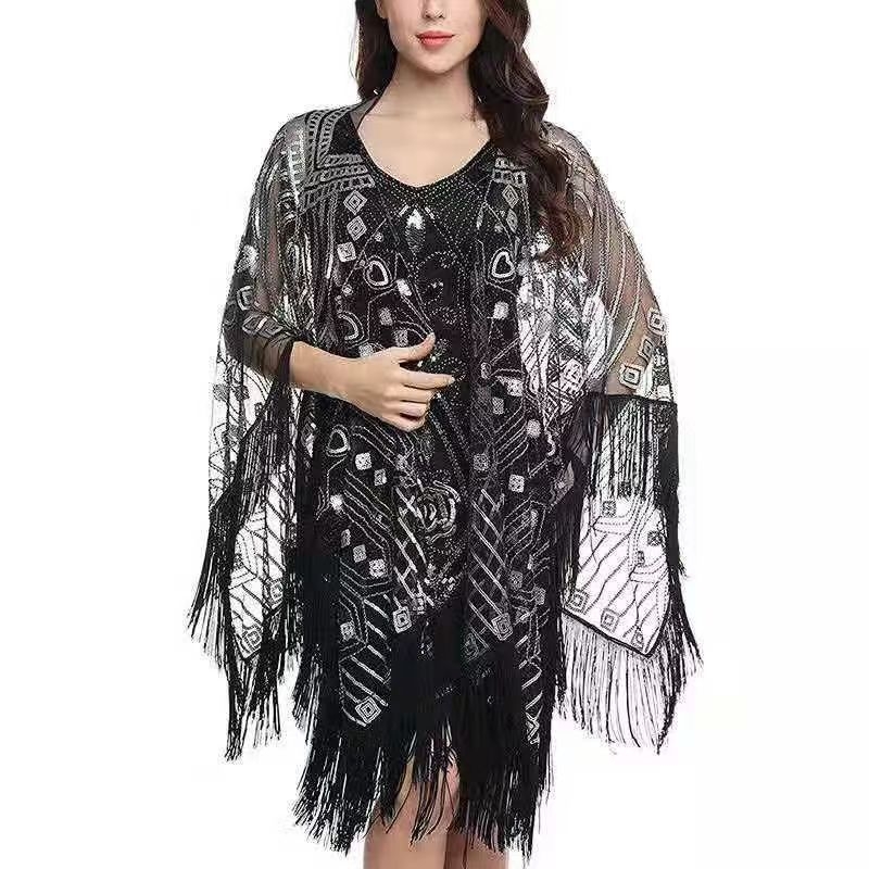 Пелерина с пайети и ресни, мрежеста полиестерна материя, дължина 50–65 см