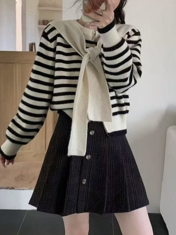 Dvi dalių komplektas: dryžuotas megztinis kardiganas ir švarkas, ilgos rankovės, akrilinis pluoštas, elegantiškas kasdieninis stilius, ruduo 2025