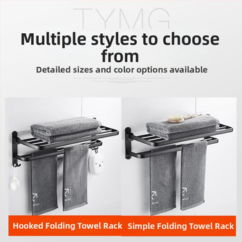  Bez urbuma sienas dvieļu turētājs ar 5 āķiem, vannas istabai, kosmosa alumīnijs, salokāms ar āķi