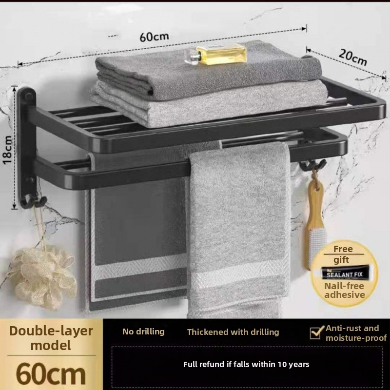  Bez urbuma sienas dvieļu turētājs ar 5 āķiem, vannas istabai, kosmosa alumīnijs, salokāms ar āķi