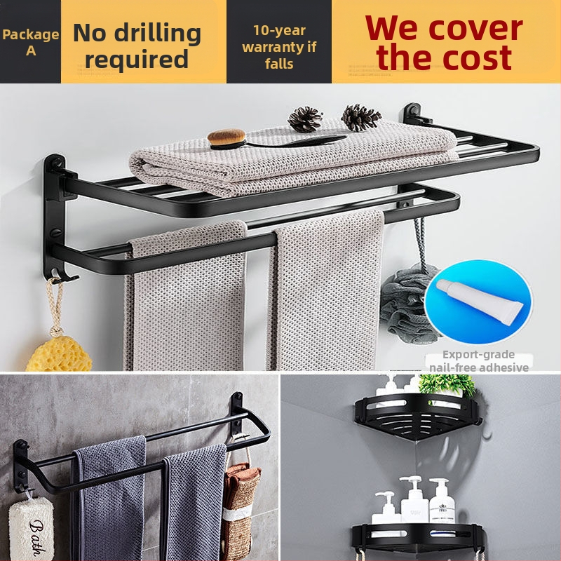  Bez urbuma sienas dvieļu turētājs ar 5 āķiem, vannas istabai, kosmosa alumīnijs, salokāms ar āķi