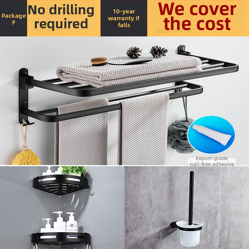  Bez urbuma sienas dvieļu turētājs ar 5 āķiem, vannas istabai, kosmosa alumīnijs, salokāms ar āķi