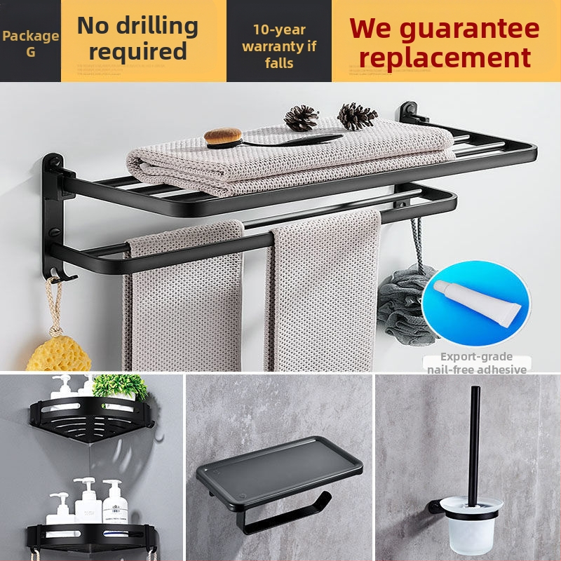  Bez urbuma sienas dvieļu turētājs ar 5 āķiem, vannas istabai, kosmosa alumīnijs, salokāms ar āķi