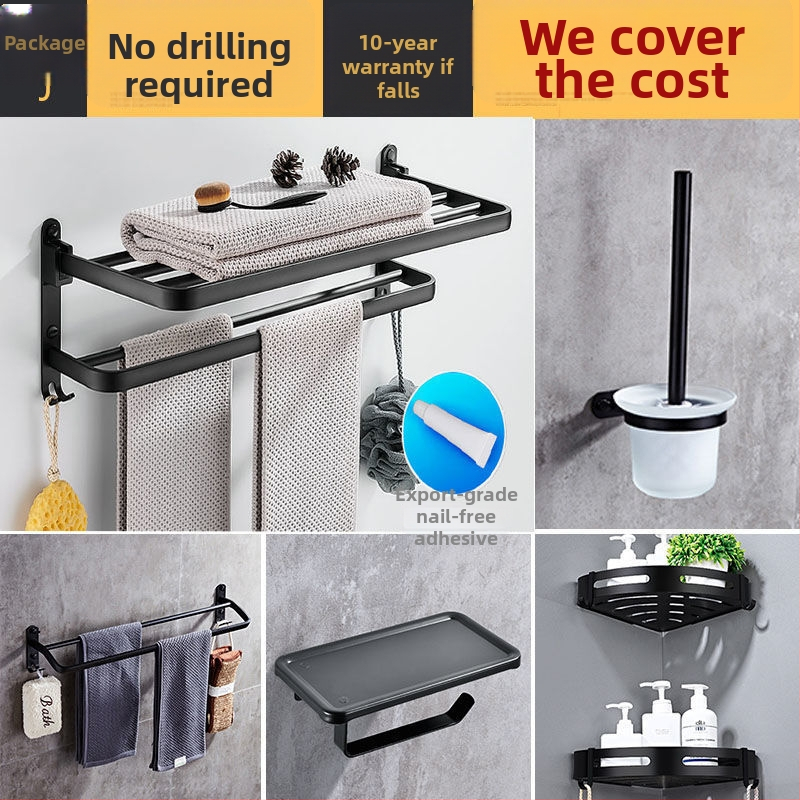  Bez urbuma sienas dvieļu turētājs ar 5 āķiem, vannas istabai, kosmosa alumīnijs, salokāms ar āķi