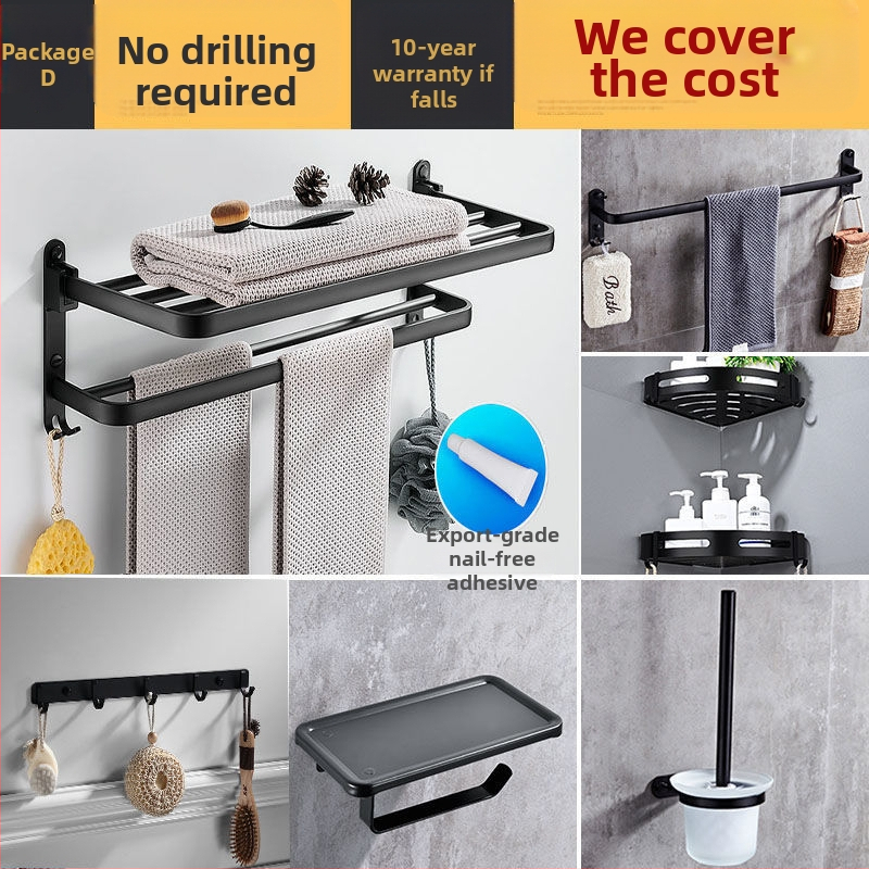  Bez urbuma sienas dvieļu turētājs ar 5 āķiem, vannas istabai, kosmosa alumīnijs, salokāms ar āķi