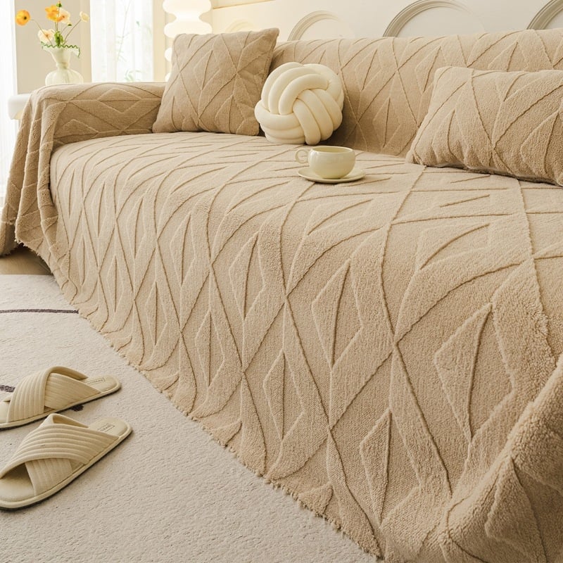 Őszi–téli vastag velúr kanapé takaró, egy darabos kivitel, univerzális illeszkedés, geometriai mintázat, minimalist stílus, testreszabható