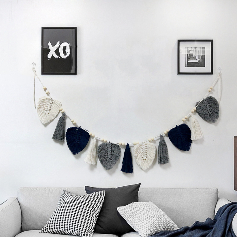 Zidni gobelin – motiv lišća, pamukovo uže, ručno tkano, moderni minimalistički stil