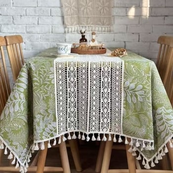 Stolnjak od pamuka i lana s čipkastim uzorkom lišća šume i cvijeća, pravokutni, za stol za kavu i bočni balkon stol, vintage pastoral stil, izrađeno po narudžbi