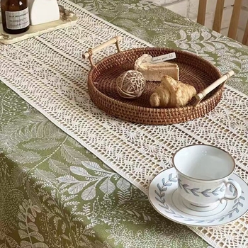 Stolnjak od pamuka i lana s čipkastim uzorkom lišća šume i cvijeća, pravokutni, za stol za kavu i bočni balkon stol, vintage pastoral stil, izrađeno po narudžbi