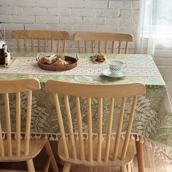 Stolnjak od pamuka i lana s čipkastim uzorkom lišća šume i cvijeća, pravokutni, za stol za kavu i bočni balkon stol, vintage pastoral stil, izrađeno po narudžbi