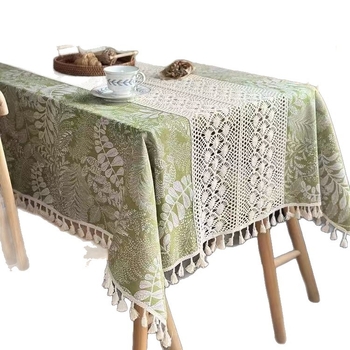 Stolnjak od pamuka i lana s čipkastim uzorkom lišća šume i cvijeća, pravokutni, za stol za kavu i bočni balkon stol, vintage pastoral stil, izrađeno po narudžbi