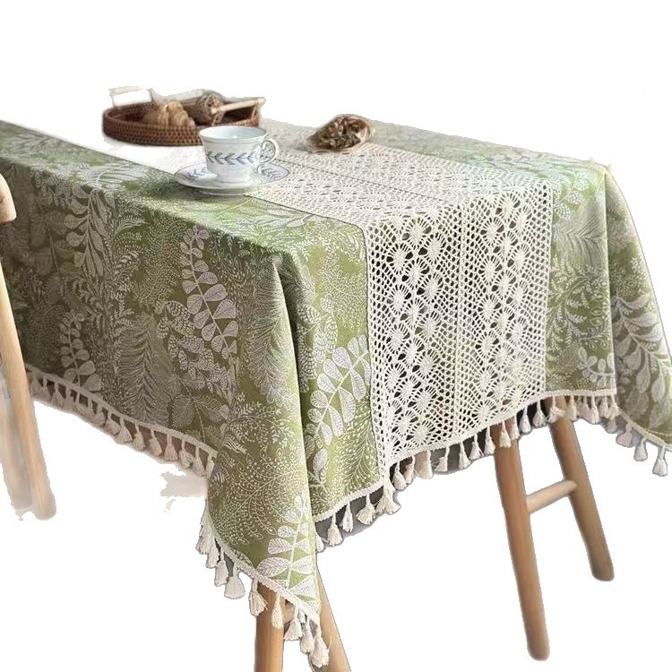 Stolnjak od pamuka i lana s čipkastim uzorkom lišća šume i cvijeća, pravokutni, za stol za kavu i bočni balkon stol, vintage pastoral stil, izrađeno po narudžbi