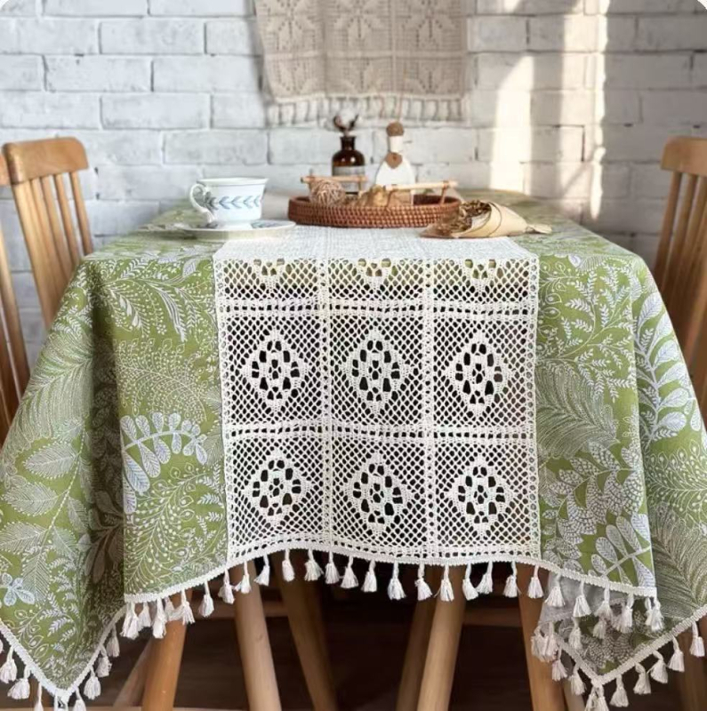 Stolnjak od pamuka i lana s čipkastim uzorkom lišća šume i cvijeća, pravokutni, za stol za kavu i bočni balkon stol, vintage pastoral stil, izrađeno po narudžbi