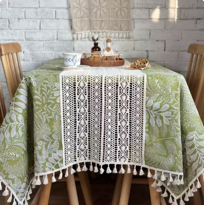 Stolnjak od pamuka i lana s čipkastim uzorkom lišća šume i cvijeća, pravokutni, za stol za kavu i bočni balkon stol, vintage pastoral stil, izrađeno po narudžbi