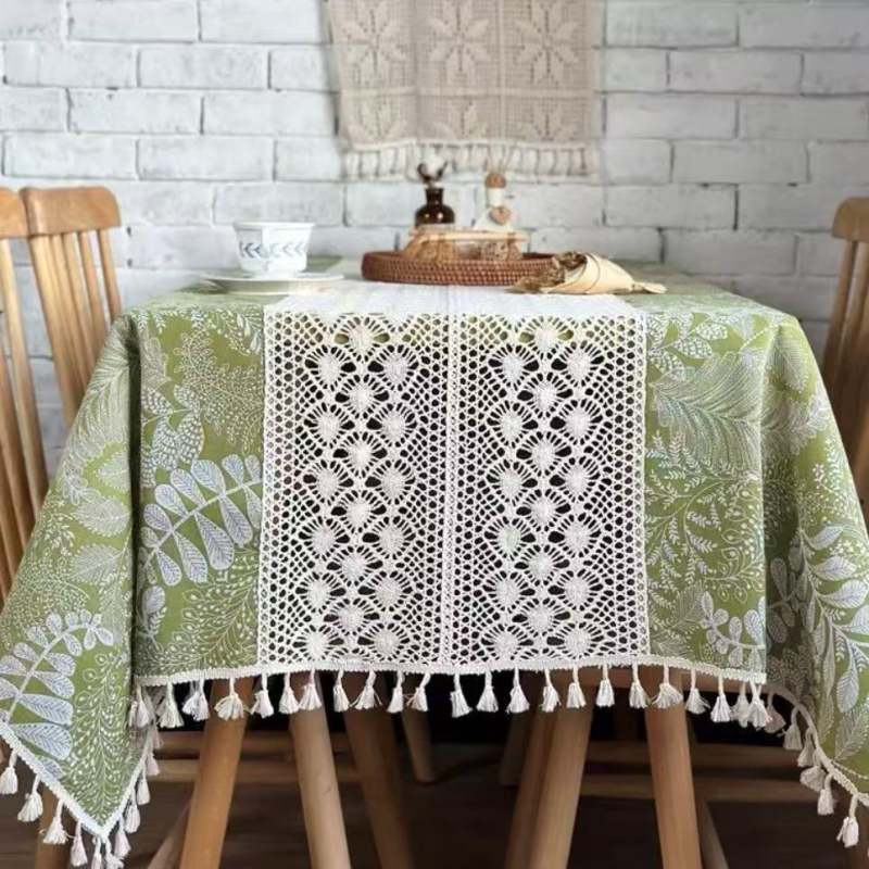 Stolnjak od pamuka i lana s čipkastim uzorkom lišća šume i cvijeća, pravokutni, za stol za kavu i bočni balkon stol, vintage pastoral stil, izrađeno po narudžbi