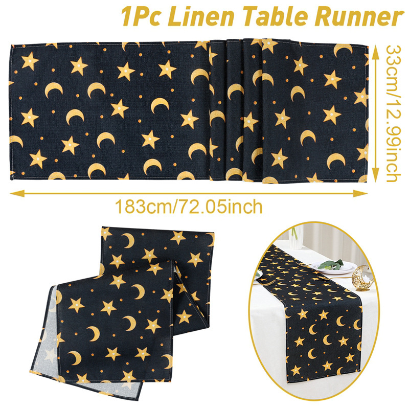 Len-asztalterítő etno-stílusú Hold- és Csillag motívummal, nappaliba, kültérre és éttermekbe