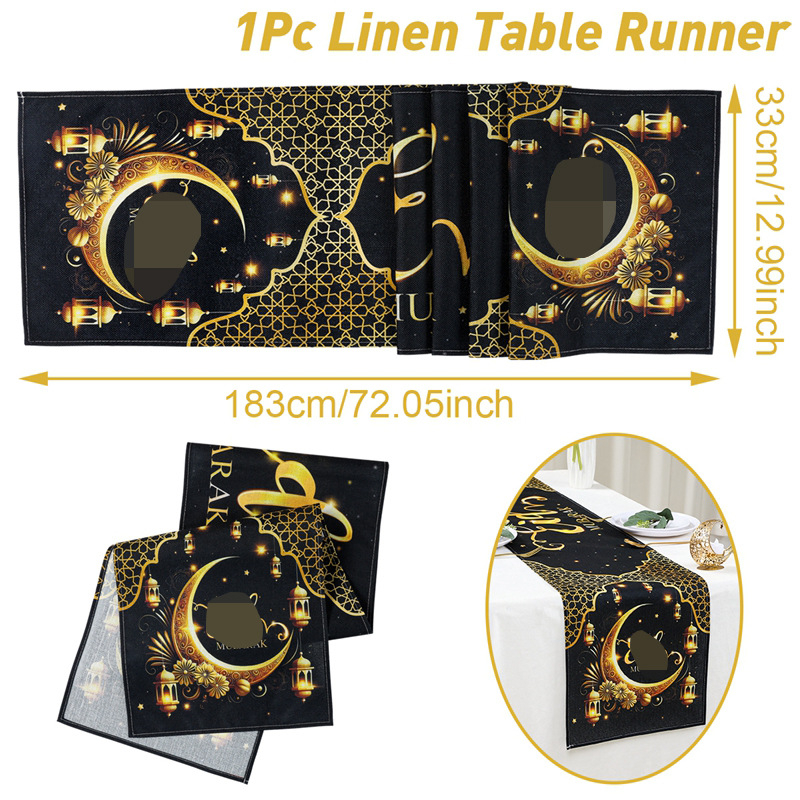 Len-asztalterítő etno-stílusú Hold- és Csillag motívummal, nappaliba, kültérre és éttermekbe