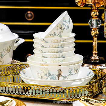 Csontporcelán étkészlet – tálak és tányérok, alá-glazúros virágos mintával, modern, egyszerű stílus, mikró kompatibilis, logóval személyre szabható
