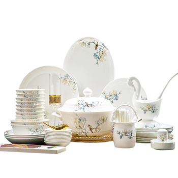 Csontporcelán étkészlet – tálak és tányérok, alá-glazúros virágos mintával, modern, egyszerű stílus, mikró kompatibilis, logóval személyre szabható