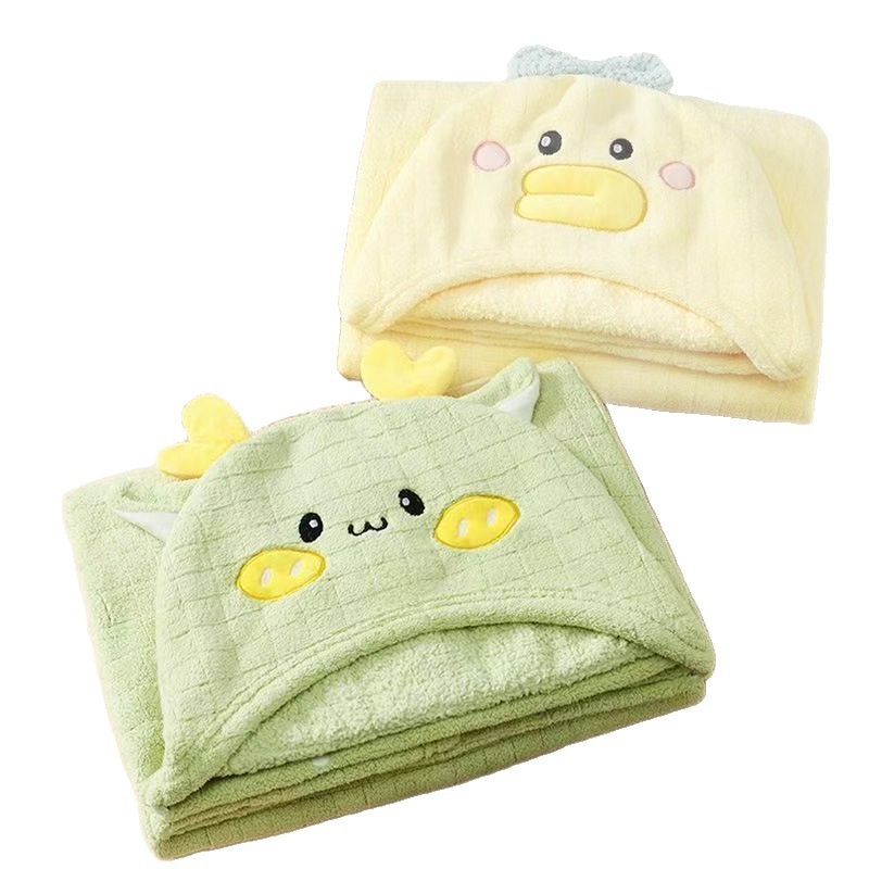 Dječji nosivi ručnik za kupanje s kapuljačom – karikatura dizajn, koralni fleece, 300–400 g, 150D, Jacquard
