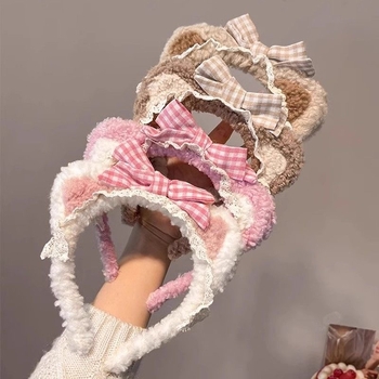 Γούνινος φιόγκος με αυτιά αρκούδας για τα μαλλιά – Χειροποίητος κεφαλόδεσμος για γυναίκες, γλυκό και φρέσκο στυλ, χειμώνας 2024