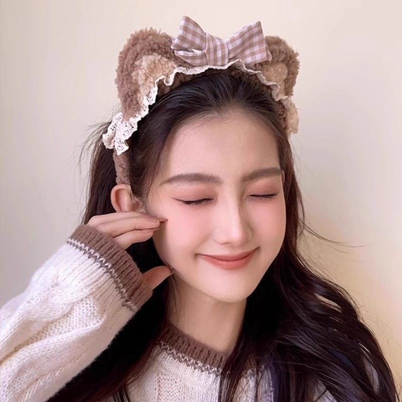 Γούνινος φιόγκος με αυτιά αρκούδας για τα μαλλιά – Χειροποίητος κεφαλόδεσμος για γυναίκες, γλυκό και φρέσκο στυλ, χειμώνας 2024