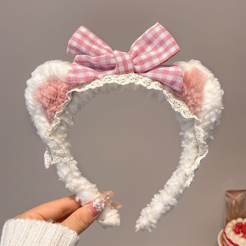 Γούνινος φιόγκος με αυτιά αρκούδας για τα μαλλιά – Χειροποίητος κεφαλόδεσμος για γυναίκες, γλυκό και φρέσκο στυλ, χειμώνας 2024