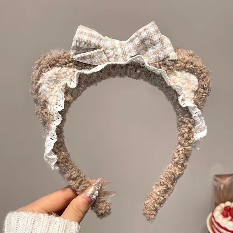 Γούνινος φιόγκος με αυτιά αρκούδας για τα μαλλιά – Χειροποίητος κεφαλόδεσμος για γυναίκες, γλυκό και φρέσκο στυλ, χειμώνας 2024