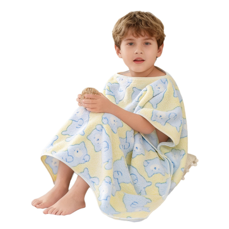 Dječji ručnik za kupanje s kapom, koralni fleece, print karikatura, 170–200 g, pređa 150d