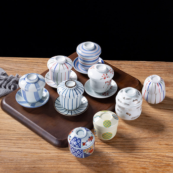 Japonský štýl pareného vajíčka miska s viečkom, porcelánová miska na čaj - vhodná do mikrovlnky, ručne maľovaná plocha