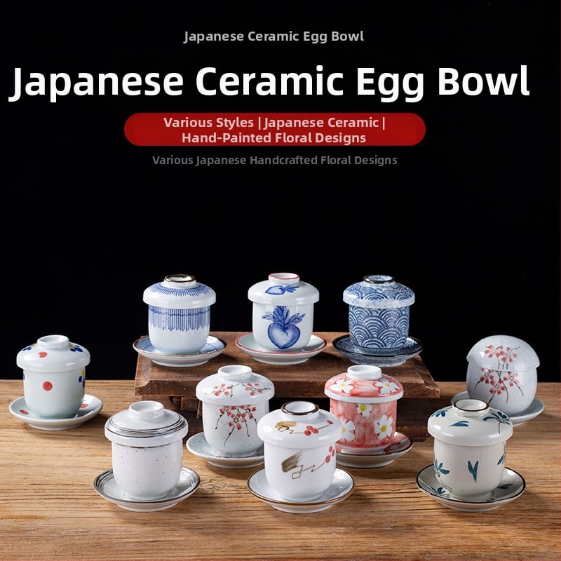 Japonský štýl pareného vajíčka miska s viečkom, porcelánová miska na čaj - vhodná do mikrovlnky, ručne maľovaná plocha