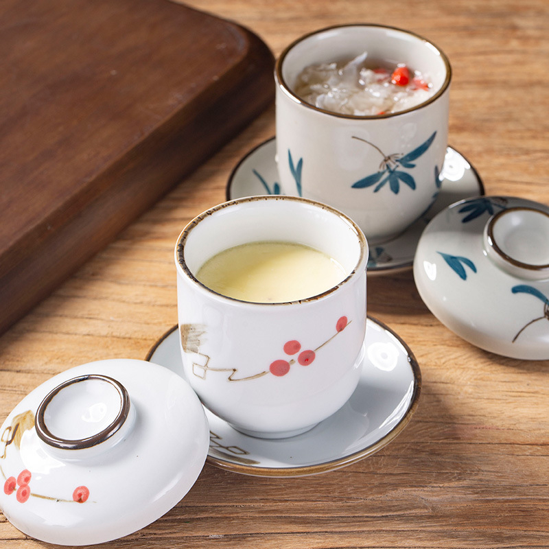 Japonský štýl pareného vajíčka miska s viečkom, porcelánová miska na čaj - vhodná do mikrovlnky, ručne maľovaná plocha