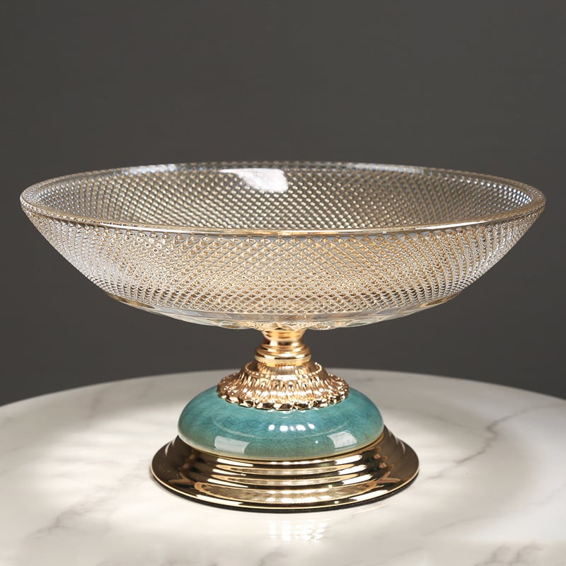 Stiklinė vaisių lėkštė svetainei ir valgomojo stalui – dekoratyvi, elektroplakavimo paviršius, pritaikymas