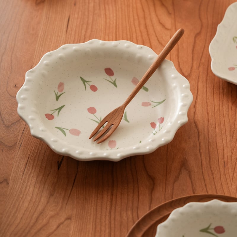 Duboka porcelanska ploča s motivom tulipana, nepravilnog oblika, nordijskog stila, pogodna za mikrovalnu pećnicu