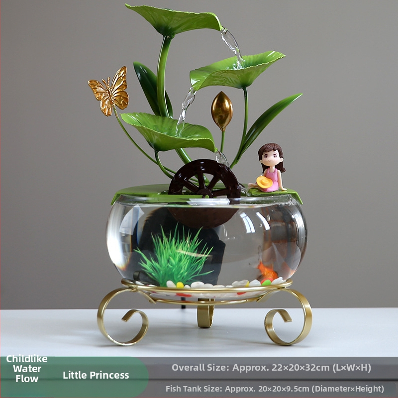 Fontána s lotosom na stole zo skla a kovaného železa, ručne vyrobená, štýl ľahkého luxusu