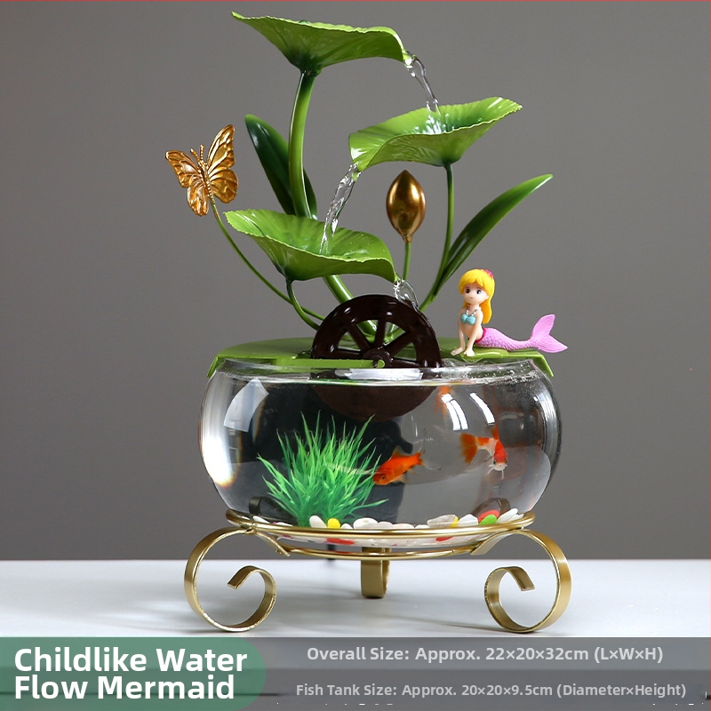 Fontána s lotosom na stole zo skla a kovaného železa, ručne vyrobená, štýl ľahkého luxusu