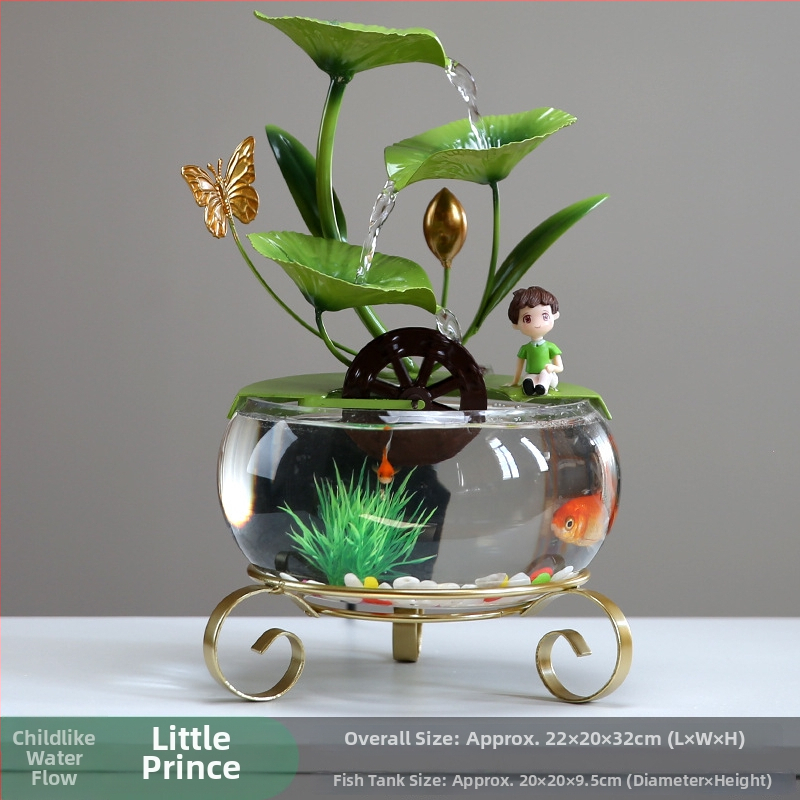 Fontána s lotosom na stole zo skla a kovaného železa, ručne vyrobená, štýl ľahkého luxusu