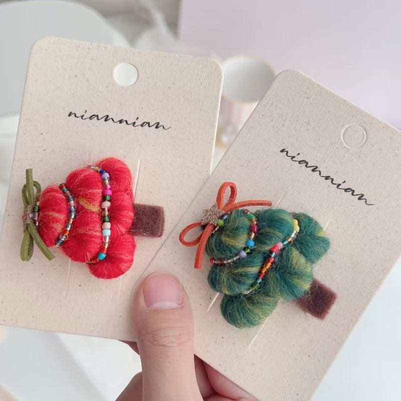 Clip de păr handmade, în formă de brad de Crăciun, din material textil, stil coreean, pentru copii 3–10 ani
