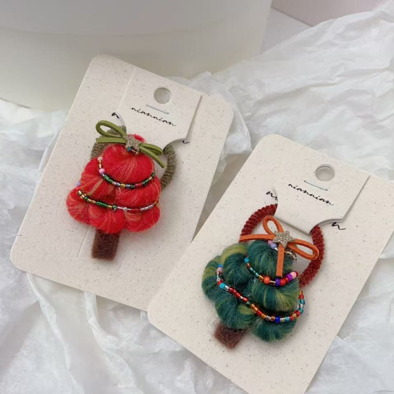 Clip de păr handmade, în formă de brad de Crăciun, din material textil, stil coreean, pentru copii 3–10 ani